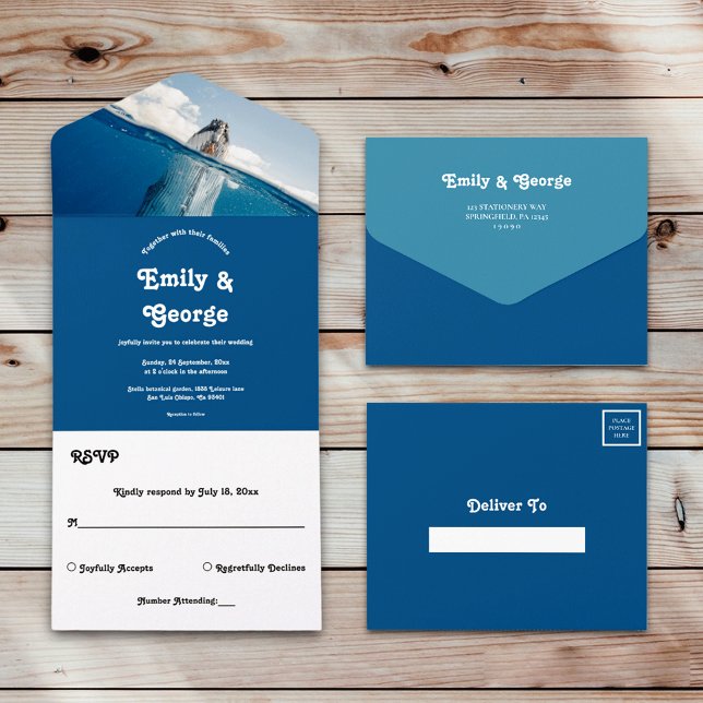 Hochzeit von Navy Blue unter dem Meereswal All In One Einladung (Von Creator hochgeladen)