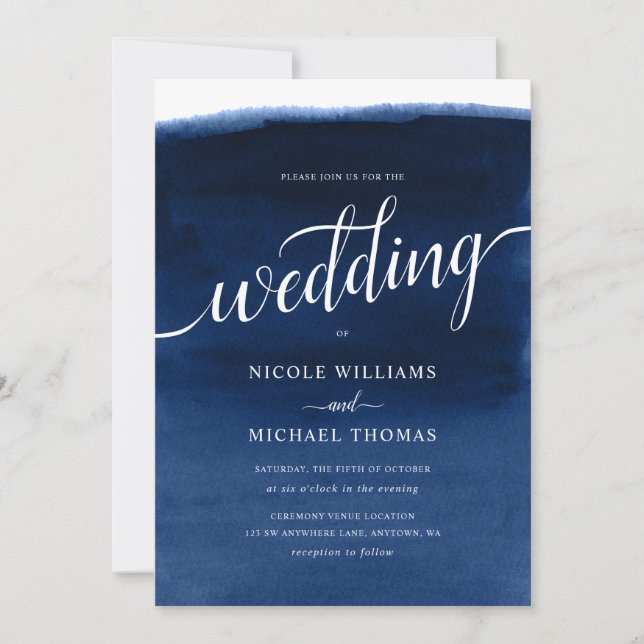 Hochzeit von Navy Blue Watercolor Einladung (Vorderseite)
