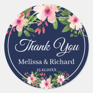 Hochzeit von Navy Blue Watercolor Floral Runder Aufkleber