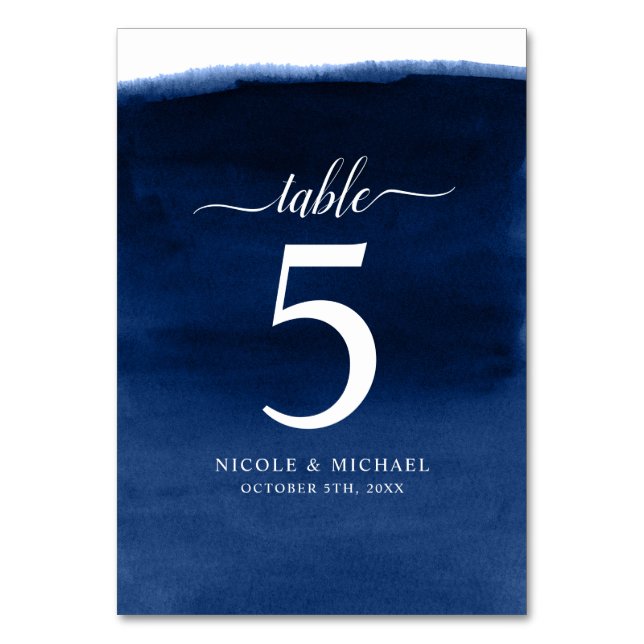 Hochzeit von Navy Blue Watercolor Tischnummer (Vorderseite)
