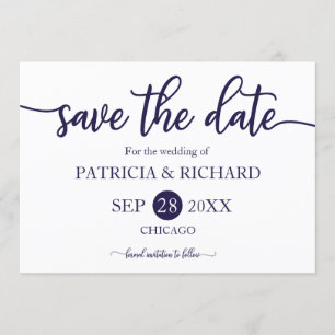 Hochzeit von Navy Blue White Calligraphy rettet da Einladung