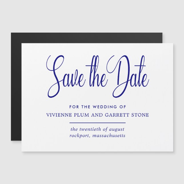 Hochzeit von Navy Blue White Calligraphy Save the  Magneteinladung (Vorne/Hinten)