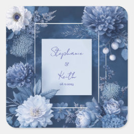 Hochzeit von Navy Blue & White Floral Quadratischer Aufkleber