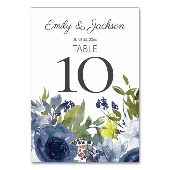 Hochzeit von Navy Blue White Yellow Floral Tischnummer (Vorderseite)
