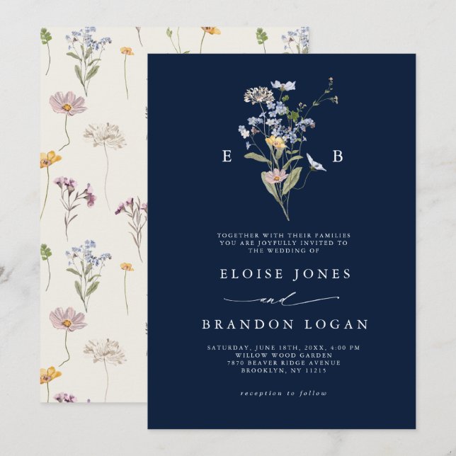 Hochzeit von Navy Blue Wildblume Meadow Garden Einladung (Vorne/Hinten)