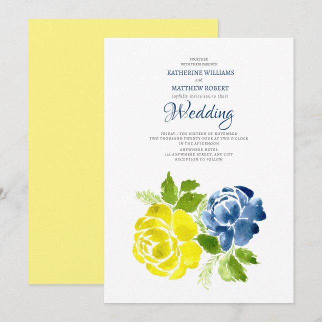 Hochzeit von Navy Blue Yellow Blumensommer Einladung (Vorne/Hinten)