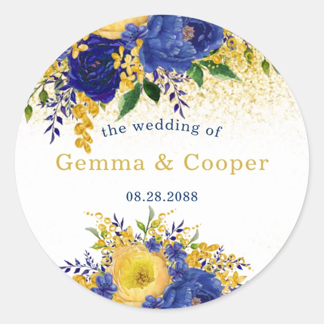 Hochzeit von Navy Blue Yellow Paint Floral Runder Aufkleber (Vorderseite)