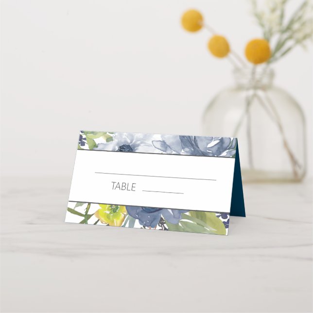 Hochzeit von Navy Blue Yellow White Floral Platzkarte (Vorderseite)