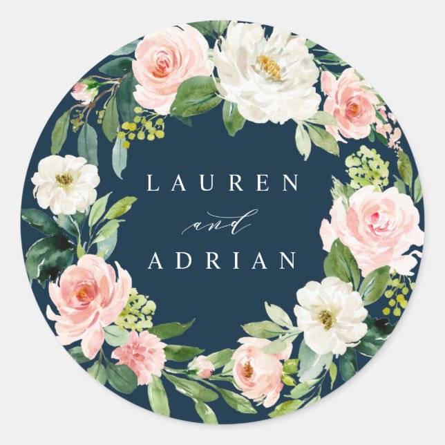 Hochzeit von Navy Blush Floral Wreath Runder Aufkleber (Vorderseite)