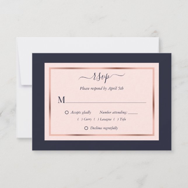Hochzeit von Navy Blush Pink Rose Gold RSVP Karte (Vorderseite)