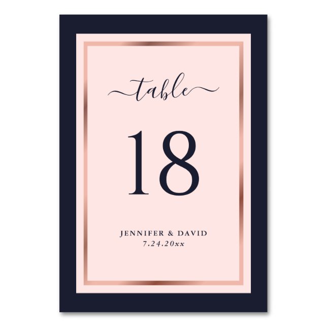 Hochzeit von Navy Blush Pink Rose Gold Tischnummer (Vorderseite)