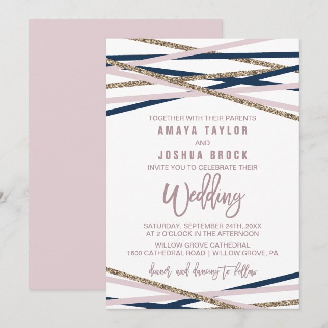 Hochzeit von Navy Blush und Gold Streamers Einladung (Vorne/Hinten)