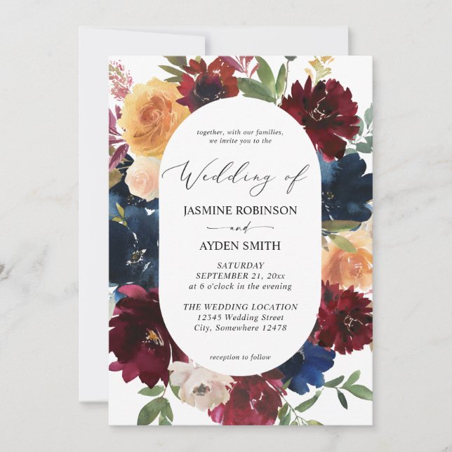 Hochzeit von Navy, Burgund, BlushPink & Peach Flor Einladung (Vorderseite)