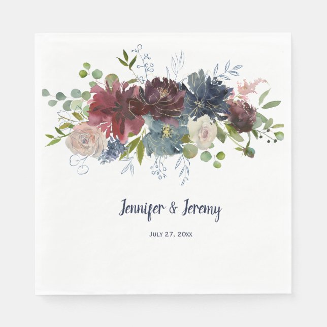 Hochzeit von Navy Burgundy Rose Gold Greenery Serviette (Vorderseite)