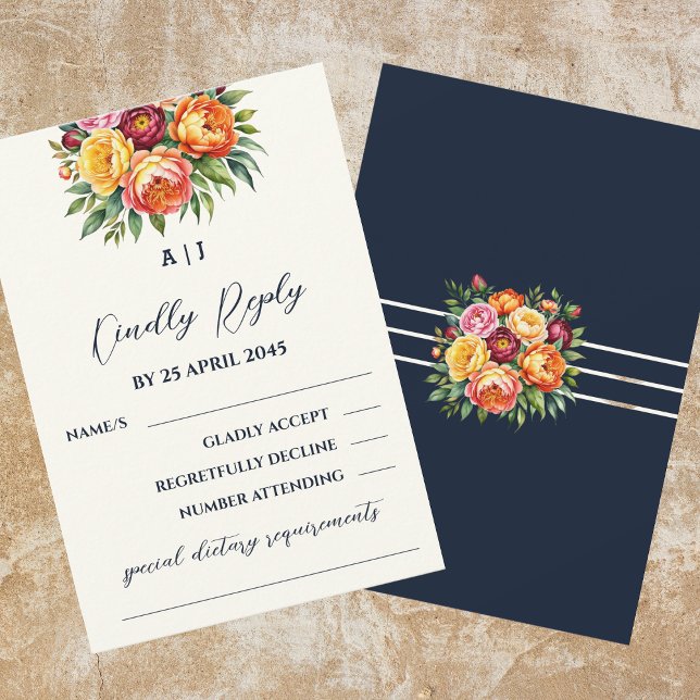 Hochzeit von Navy Cream Burgundy Peony Rose RSVP Karte (Von Creator hochgeladen)