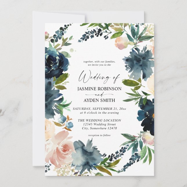 Hochzeit von Navy, Dusty Blue & Pink Floral 2 Einladung (Vorderseite)