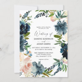 Hochzeit von Navy, Dusty Blue & Pink Floral 2 Einladung