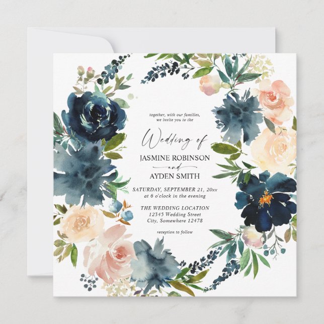 Hochzeit von Navy, Dusty Blue & Pink Floral Einladung (Vorderseite)