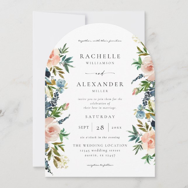 Hochzeit von Navy, Dusty Blue & Pink Floral V2 Arc Einladung (Vorderseite)
