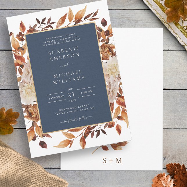 Hochzeit von Navy Fall Floral Einladung (Navy Blue White Terracotta Fall Watercolor Floral Wedding Invitation by Painted Paperie
)