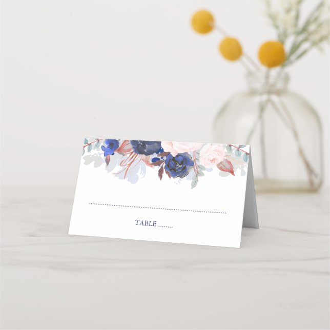 Hochzeit von Navy Floral Watercolor Platzkarte (Vorderseite)