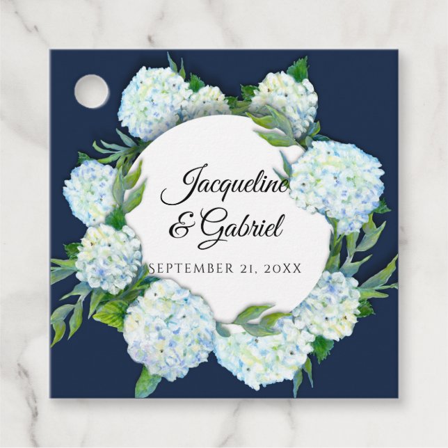 Hochzeit von Navy Floral White Hydrangea Leaf Grün Geschenkanhänger (Vorderseite)