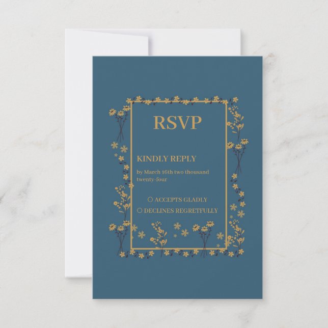 Hochzeit von Navy Gold Floral Border RSVP Karte (Vorderseite)