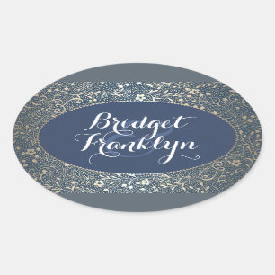 Hochzeit von Navy Gold Floral Ovaler Aufkleber