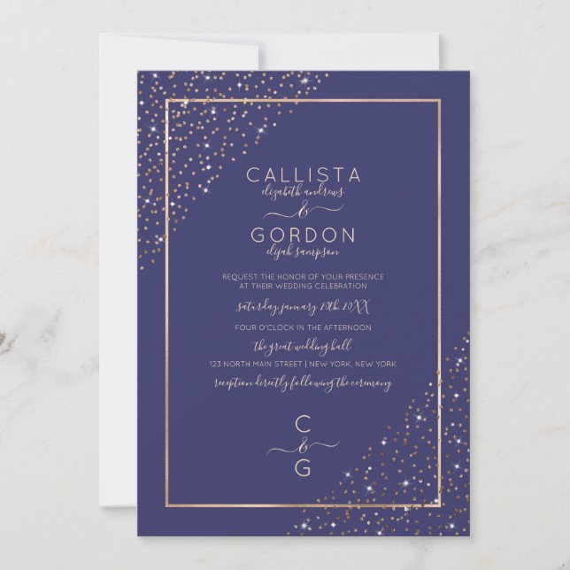 Hochzeit von Navy Gold Glitzer Confetti Corners Bo Einladung (Vorderseite)