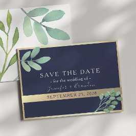 Hochzeit von Navy Gold und Grünpflanzen Save The Date