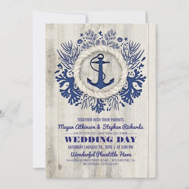 Hochzeit von Navy Nautical Anchor Rustic Beach Einladung (Vorderseite)