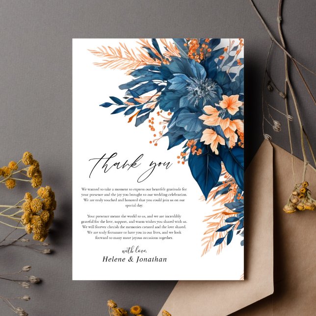 Hochzeit von Navy Orange Rust Floral Elegant Dankeskarte (Navy Orange Rust Floral Elegant Wedding Thank You Card)