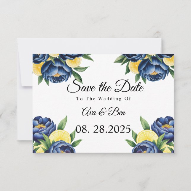 Hochzeit von Navy Peony Citrus Painted Floral Save The Date (Vorderseite)