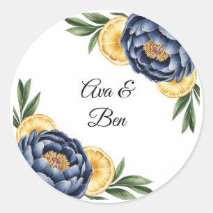 Hochzeit von Navy Peony Citrus Watercolor Runder Aufkleber