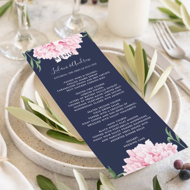 Hochzeit von Navy Pink Peony Watercolor Menükarte (Elegant pink peony botanical floral for your beautiful wedding day reception menu.)