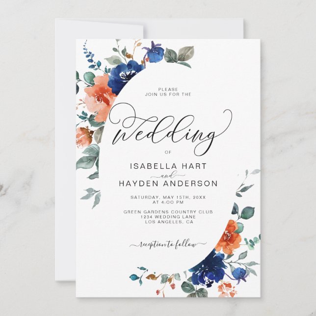 Hochzeit von Navy Rust Orange Burnt Floral Waterco Einladung (Vorderseite)
