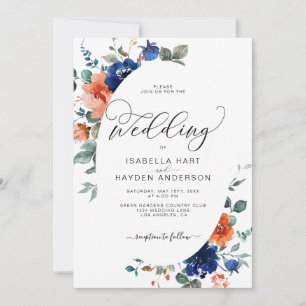 Hochzeit von Navy Rust Orange Burnt Floral Waterco Einladung