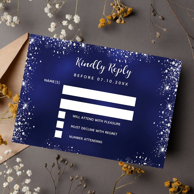 Hochzeit von Navy-Silber-Glitzer RSVP Mitteilungskarte (Von Creator hochgeladen)