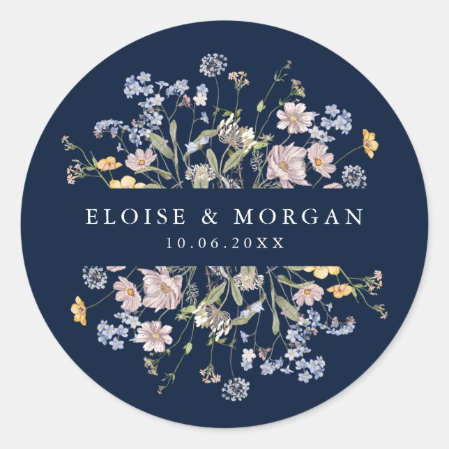 Hochzeit von Navy Spring Wildblume Meadow Garden Runder Aufkleber (Vorderseite)