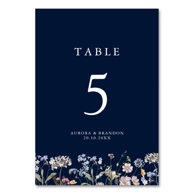 Hochzeit von Navy Spring Wildblume Meadow Garden Tischnummer (Vorderseite)