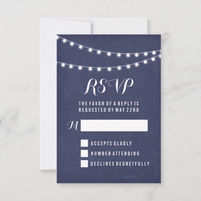 Hochzeit von Navy Summer String Light RSVP Karte (Vorderseite)