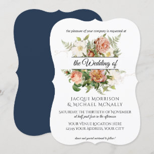 Hochzeit von Navy und Blush Peony, Rose w Fern Wre Einladung