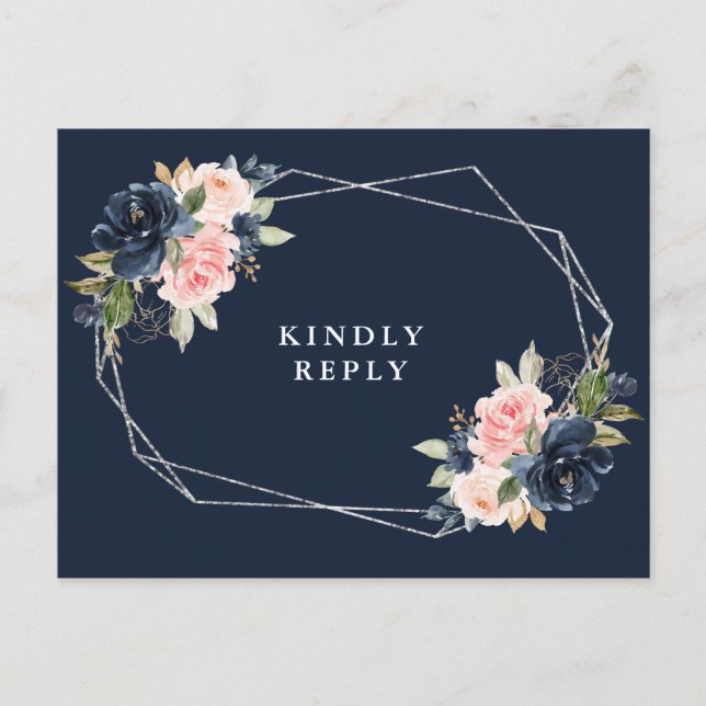 Hochzeit von Navy und Blütenblättern RSVP Postkarte (Vorderseite)