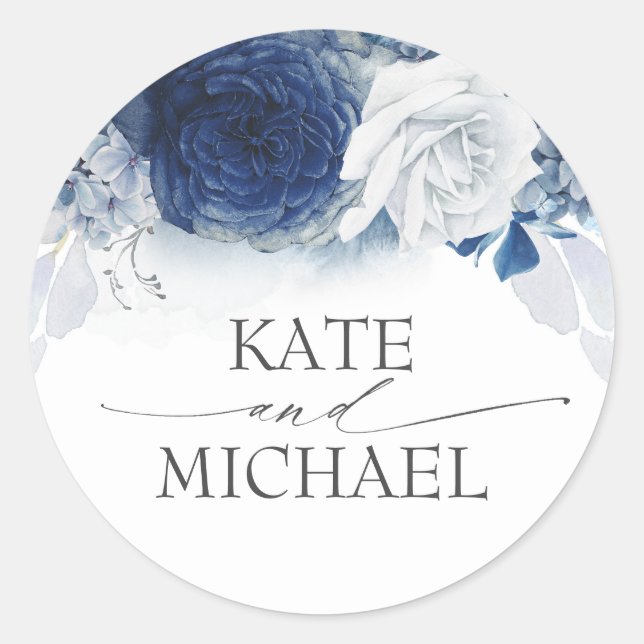 Hochzeit von Navy und Dusty Blue Floral Runder Aufkleber (Vorderseite)