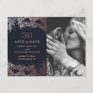 Hochzeit von Navy und Gold mit Blumen. Blau Save t Postkarte