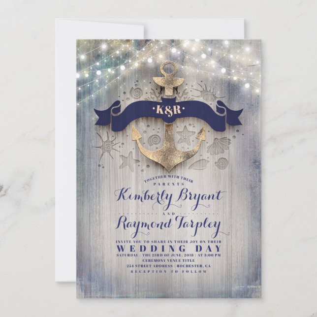 Hochzeit von Navy und Gold Nautic Anchor Beach Einladung (Vorderseite)