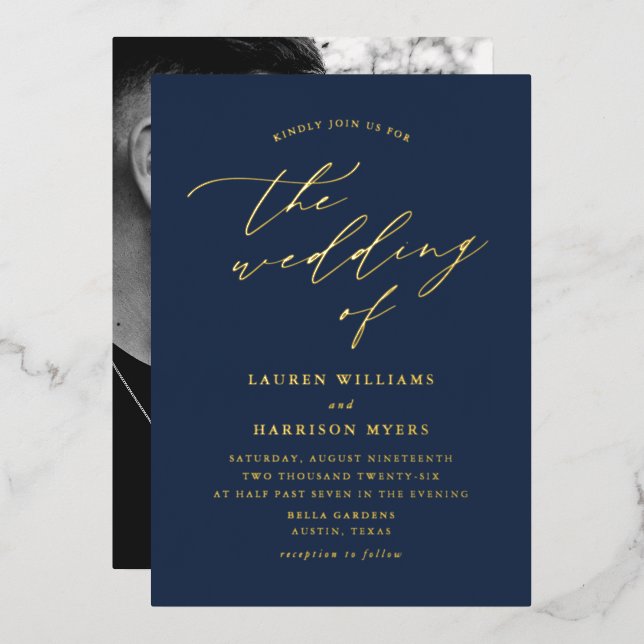 Hochzeit von Navy und Gold Script-Fotos Folieneinladung (Vorderseite/Rückseite)