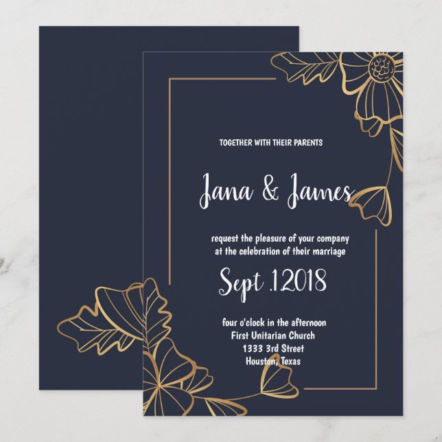 Hochzeit von Navy und Goldflora Einladung (Vorne/Hinten)