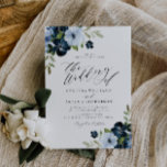 Hochzeit von Navy- und Hellblauen Blumenskripten Einladung<br><div class="desc">Aquarellblau und hellblaue Blumen mit goldenem Rahmen und elegantem Text. Farben und Text können personalisiert sein.</div>