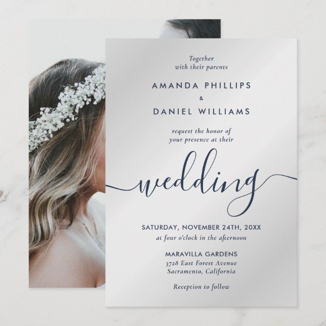 Hochzeit von Navy und Silver Modern Script Foto Einladung (Vorne/Hinten)